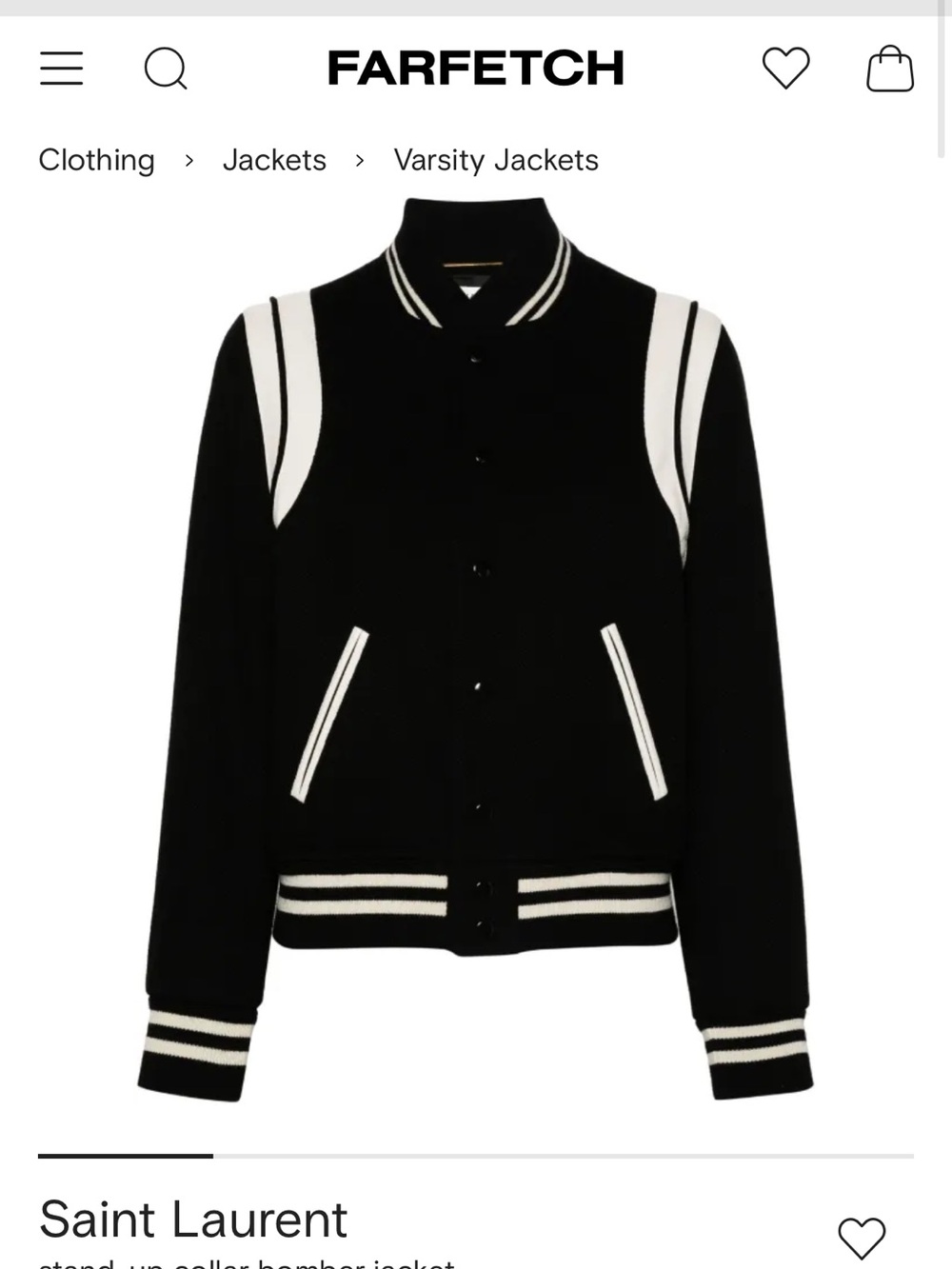 Saint Laurent Black and White Contrast-Trim Varsity Bomber Jacket size 38